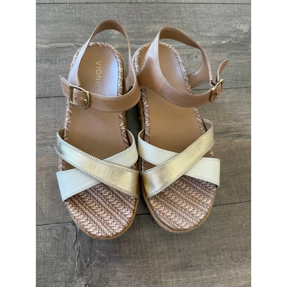 Vionic Tan Gold Cream Leather Platform Sandal